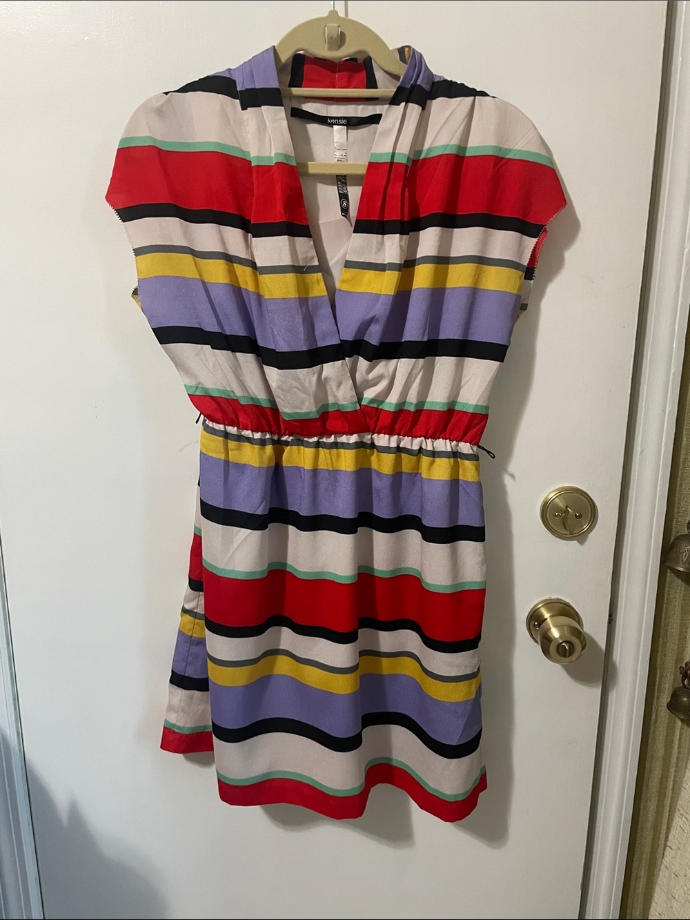Kensie Multicolor Striped V-Neck Mini Dress - Red, Purple, Yellow, Black, Cream